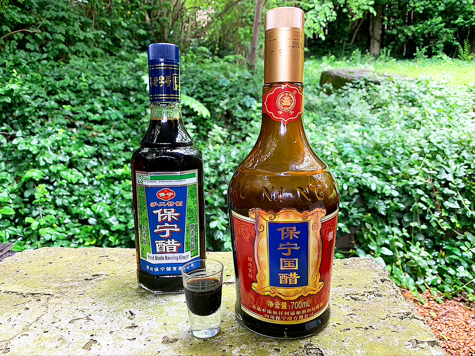3 Year Baoning vinegar and 10 Year Baoning vinegar set against green outdoor backdrop
