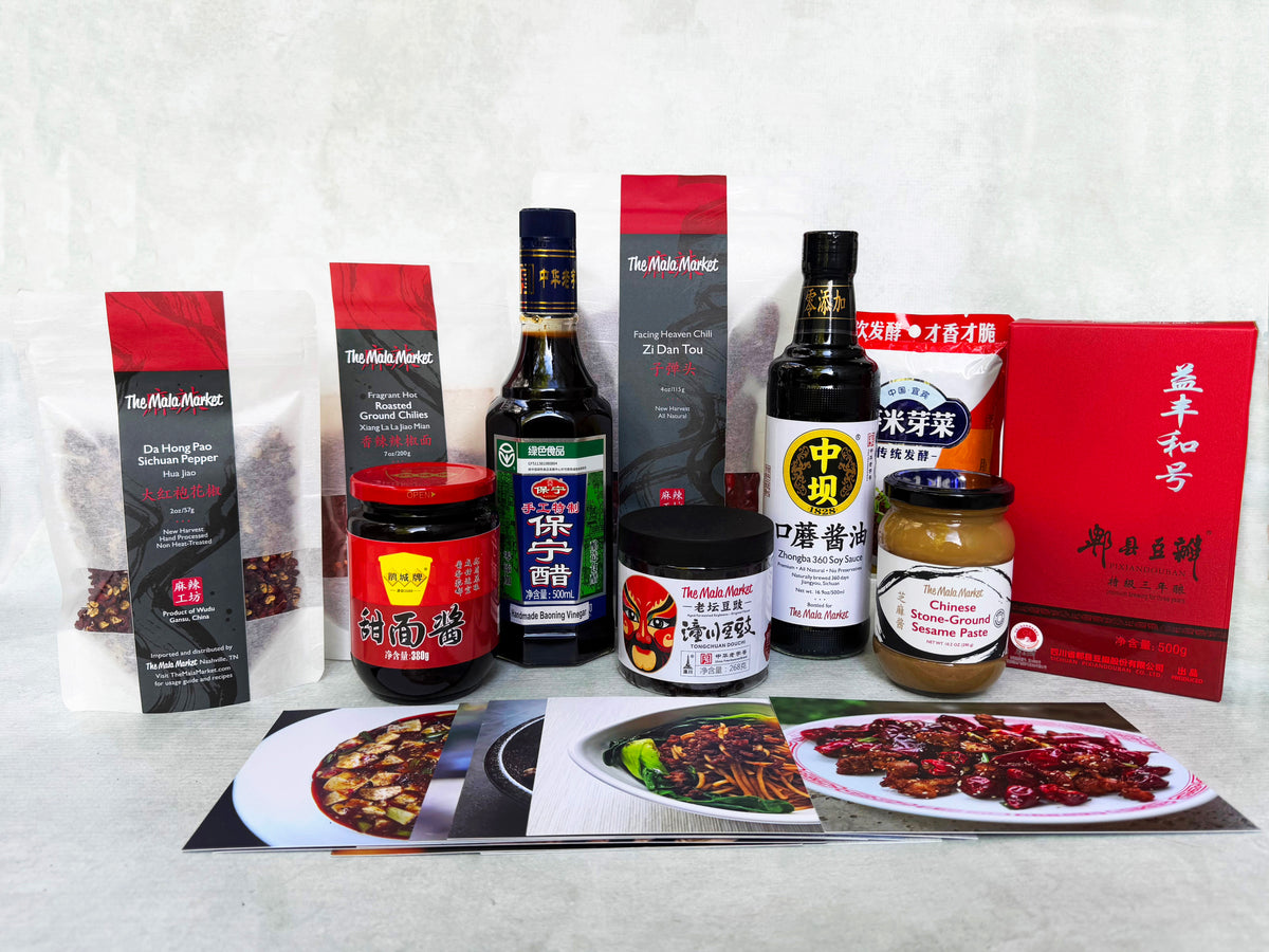 a collection of 10 Sichuan sauces and spices with recipe cards