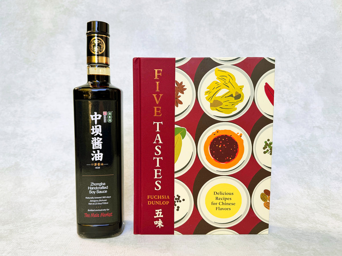 Five Tastes cookbook and a bottle of Zhongba soy sauce