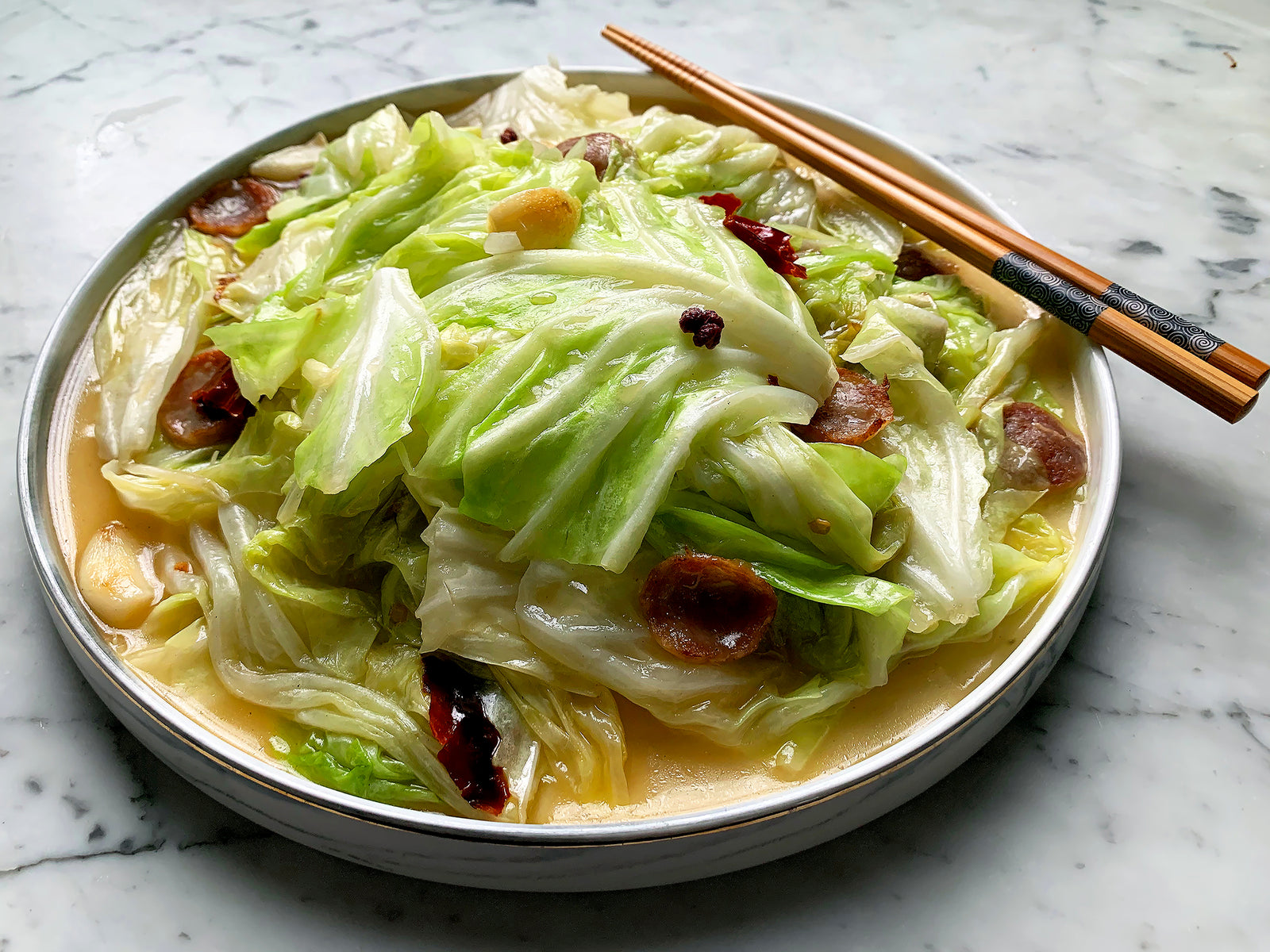 Hand-Torn Cabbage With Sausage and Garlic