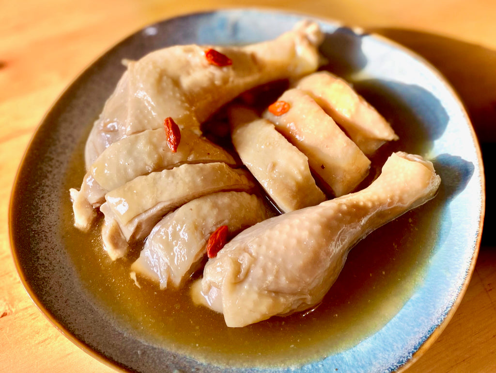 A plate of poached chicken in Shaoxing wine