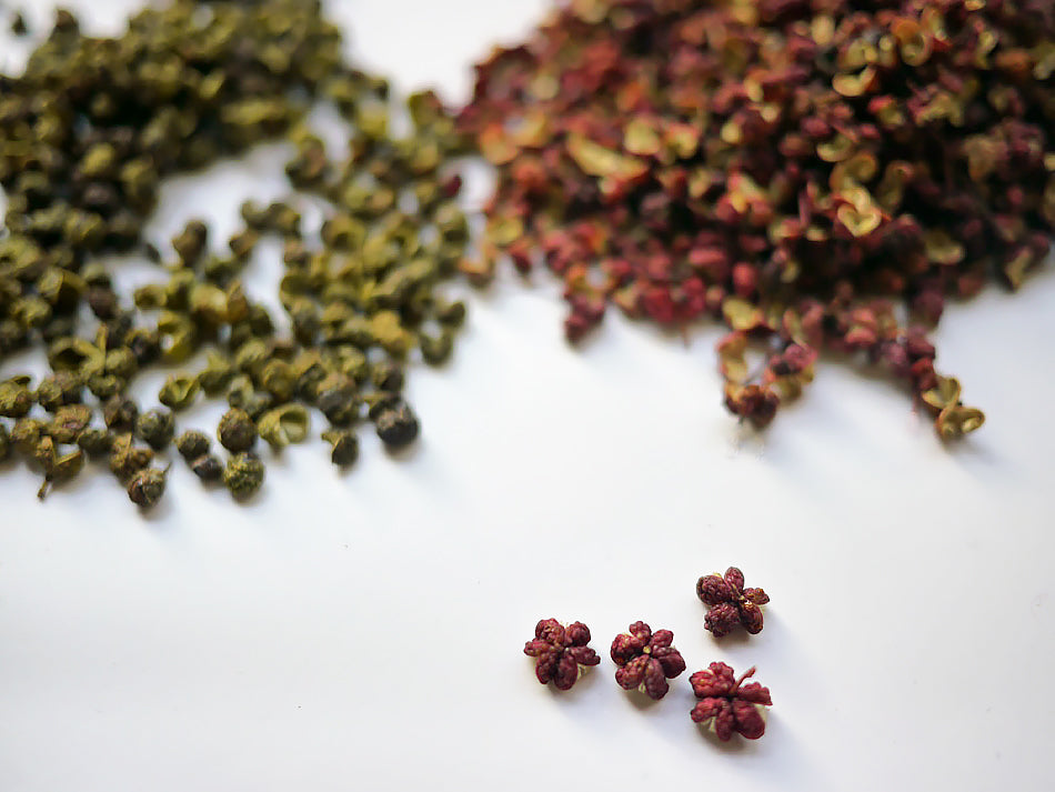 Green and red Sichuan pepper shown up close
