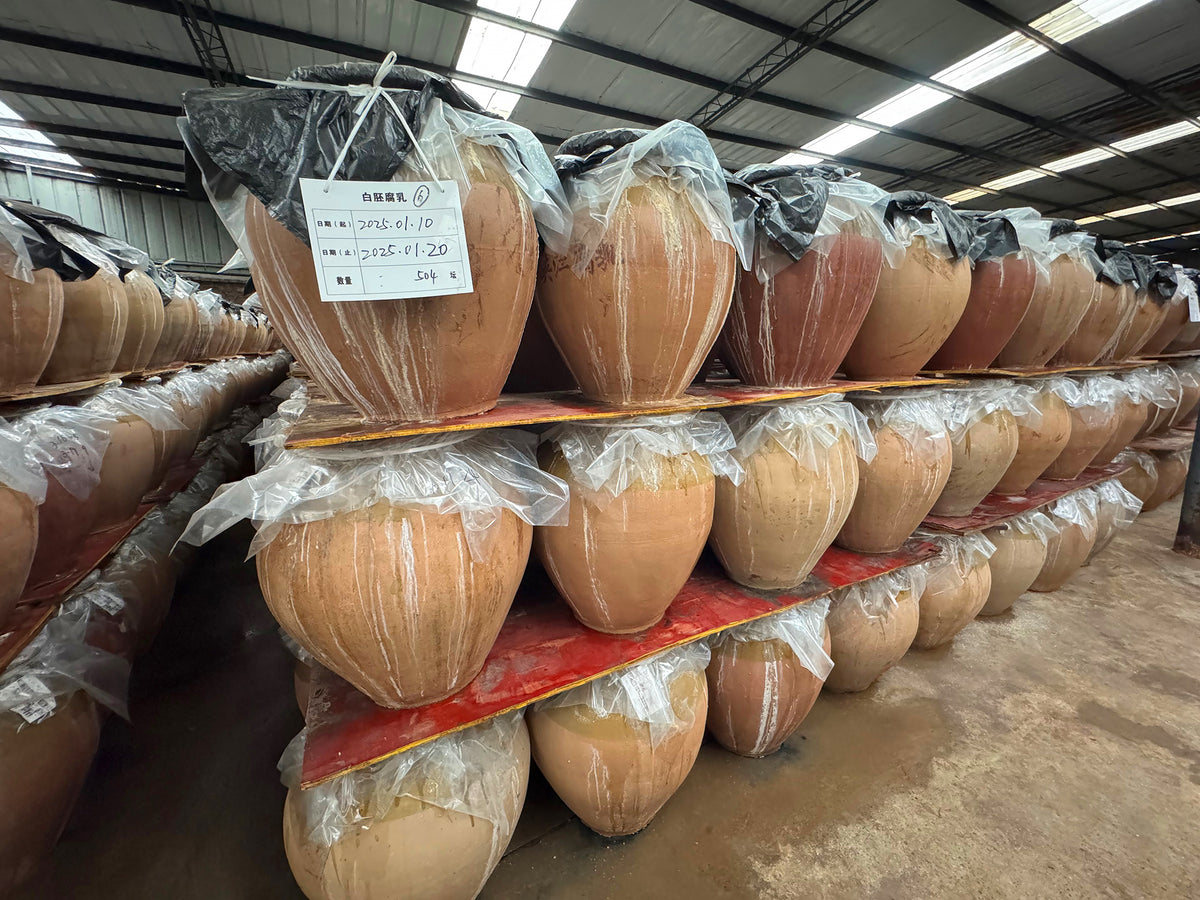 Ceramic crocks of fermenting tofu at the Jiajiang factory in Sichuan