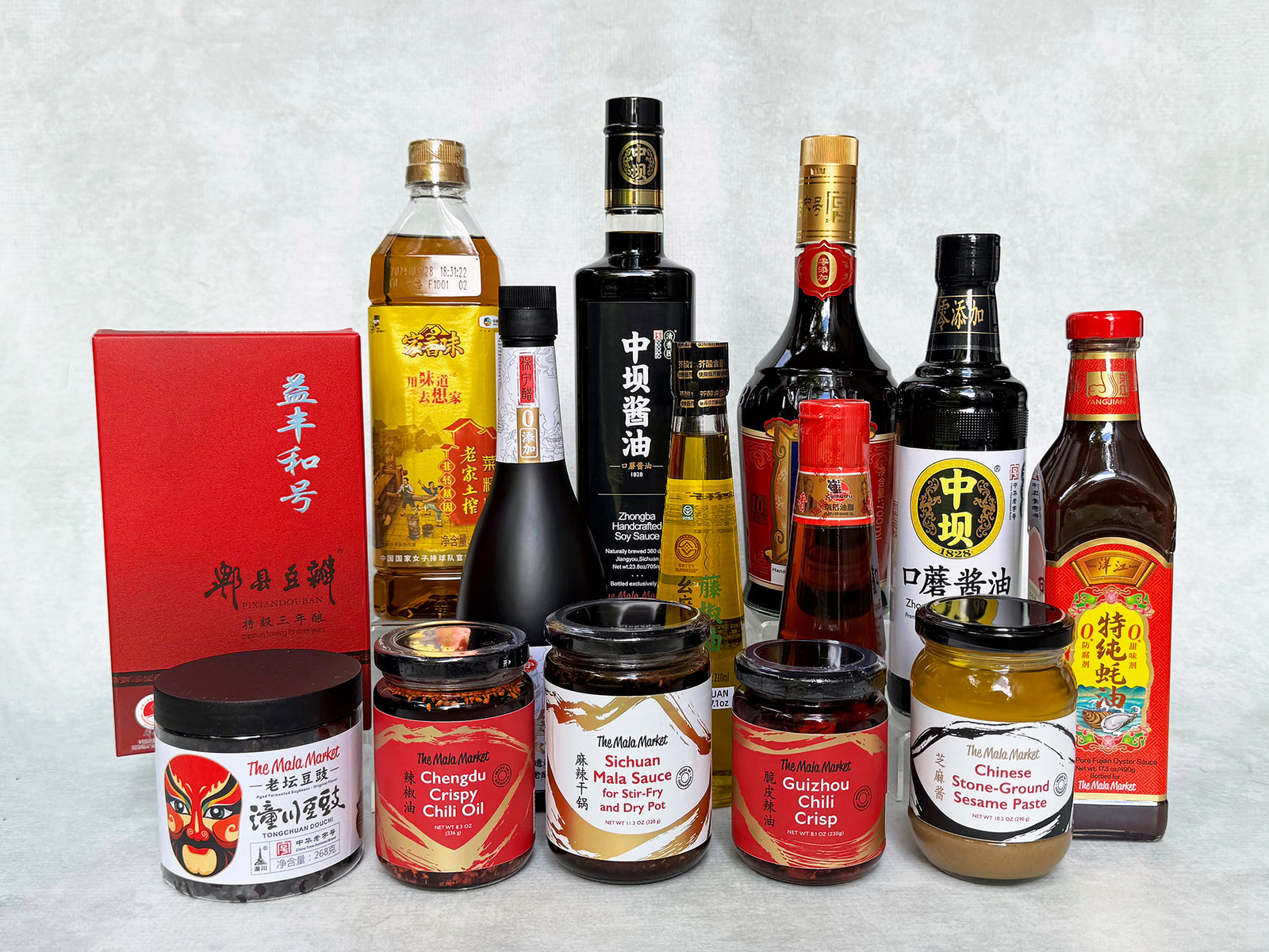 Chinese sauces in bottles including soy sauces, chili oils and vinegars