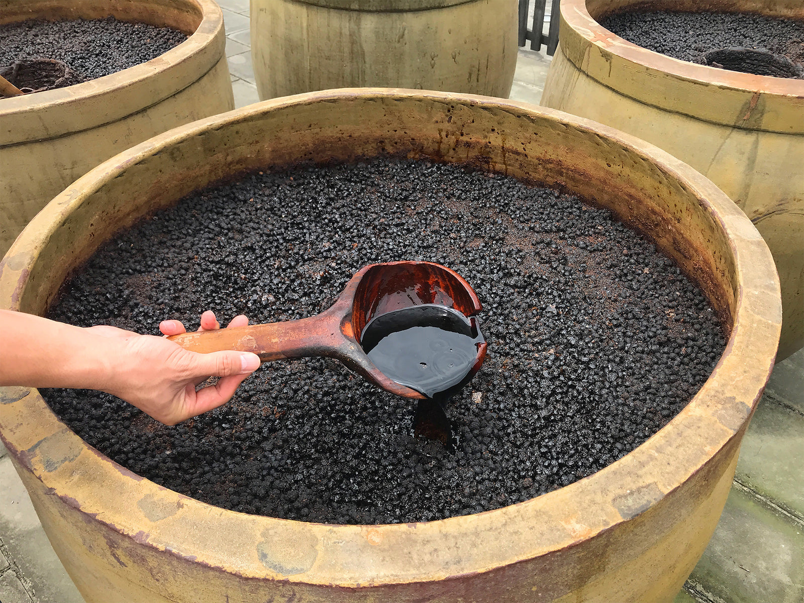 Clay crock of fermenting soy sauce with soybeans on top and ladle of sauce