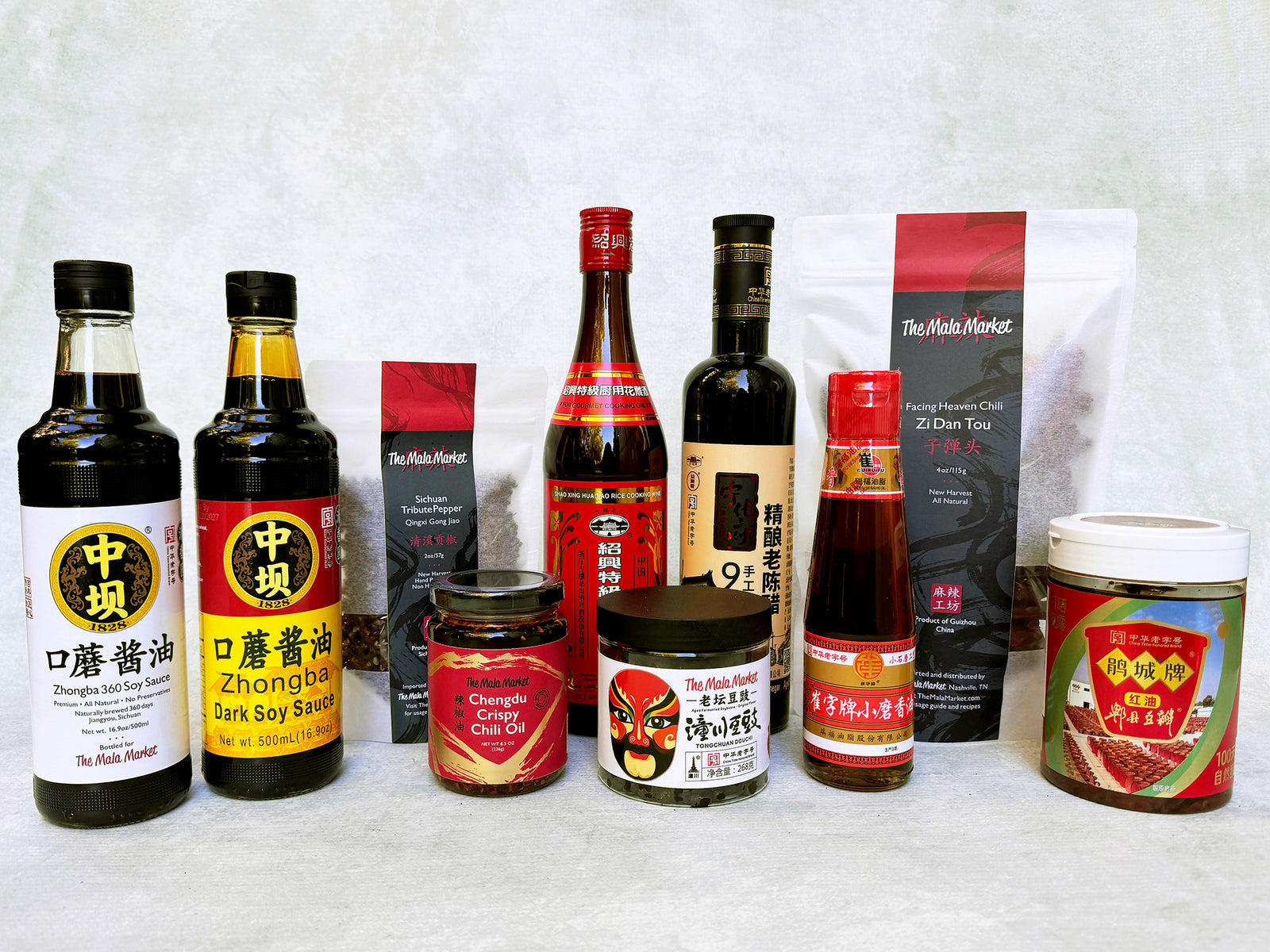 A collection of 10 Mala Market spices and sauces
