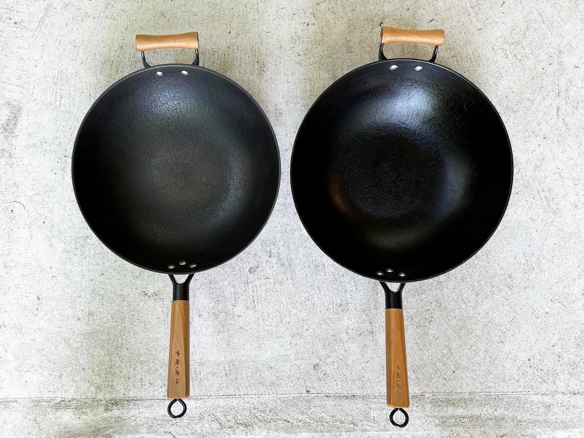 13 inch and 14 inch woks side by side for size comparison