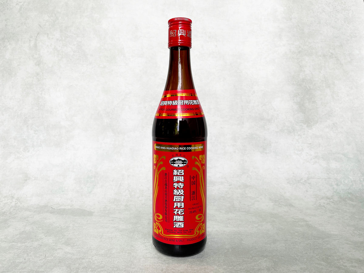 a bottle of Chinese Shaoxing cooking wine with a red label