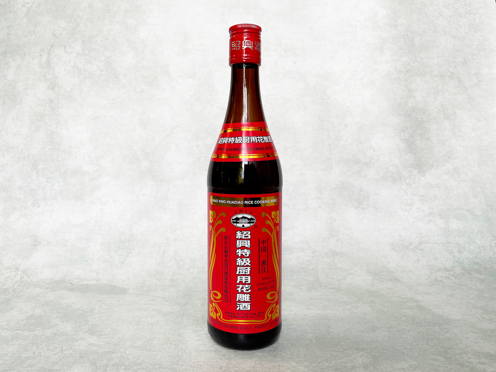 a bottle of Chinese Shaoxing cooking wine with a red label