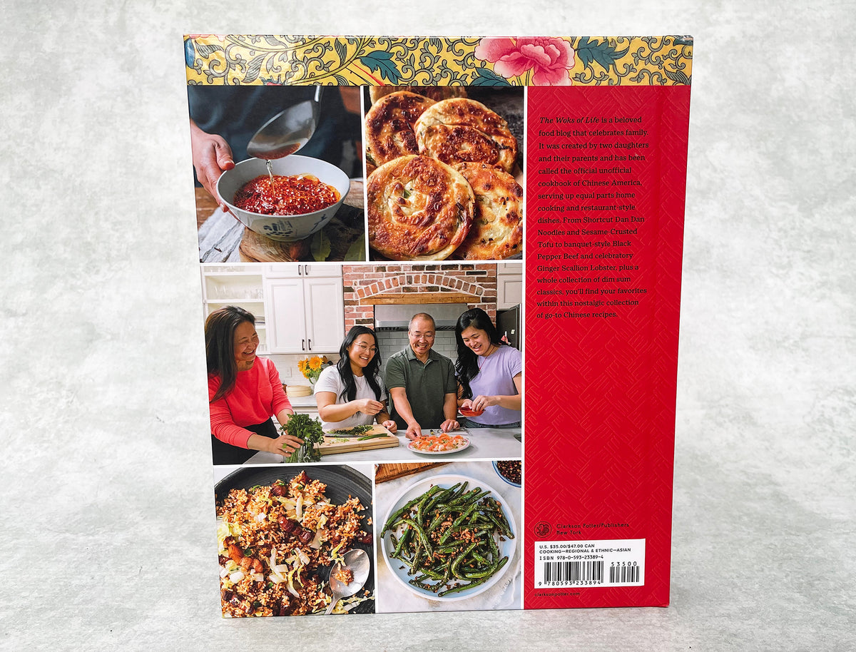 the back cover of The Woks of Life cookbook, showing dishes and a family photo