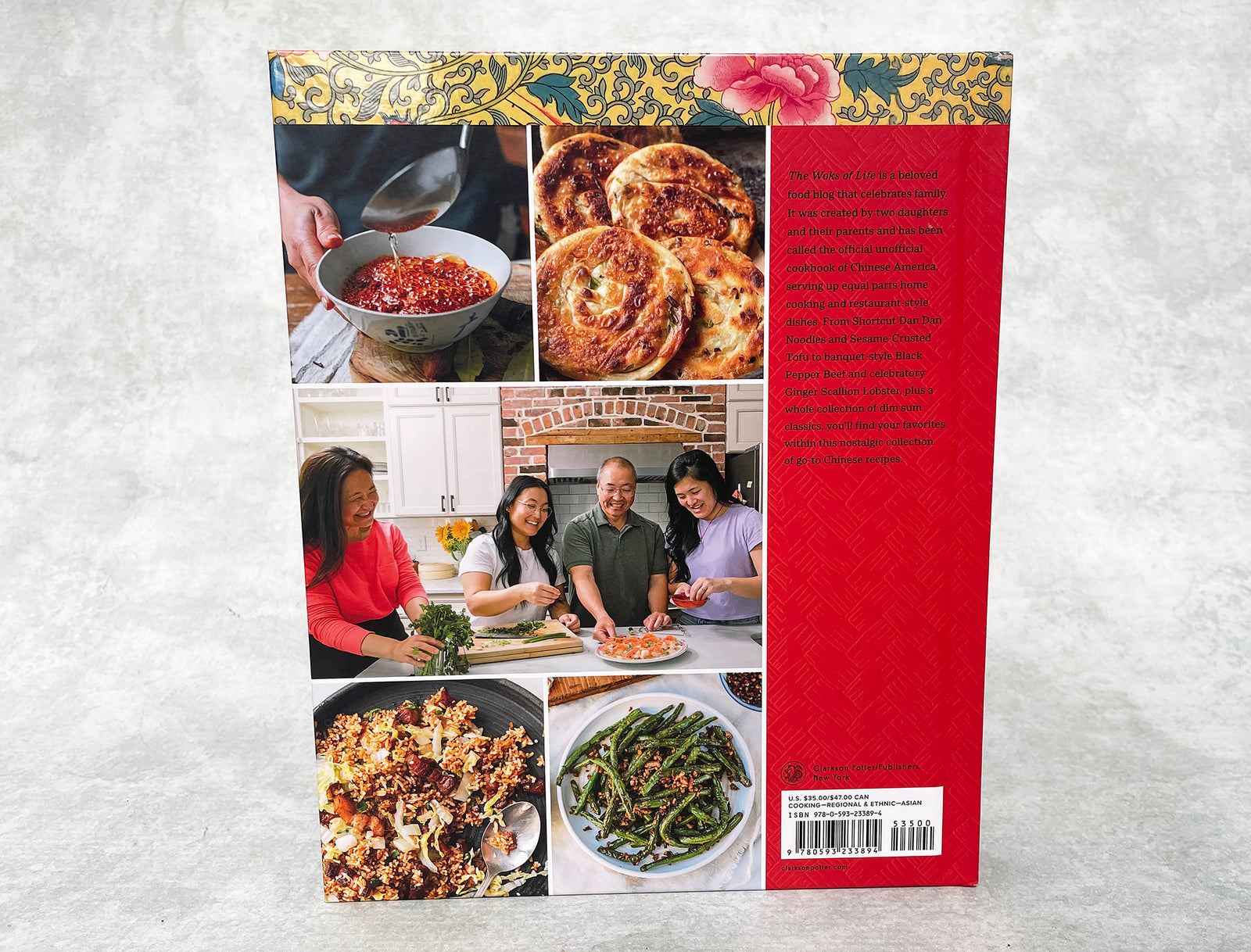 the back cover of The Woks of Life cookbook, showing dishes and a family photo