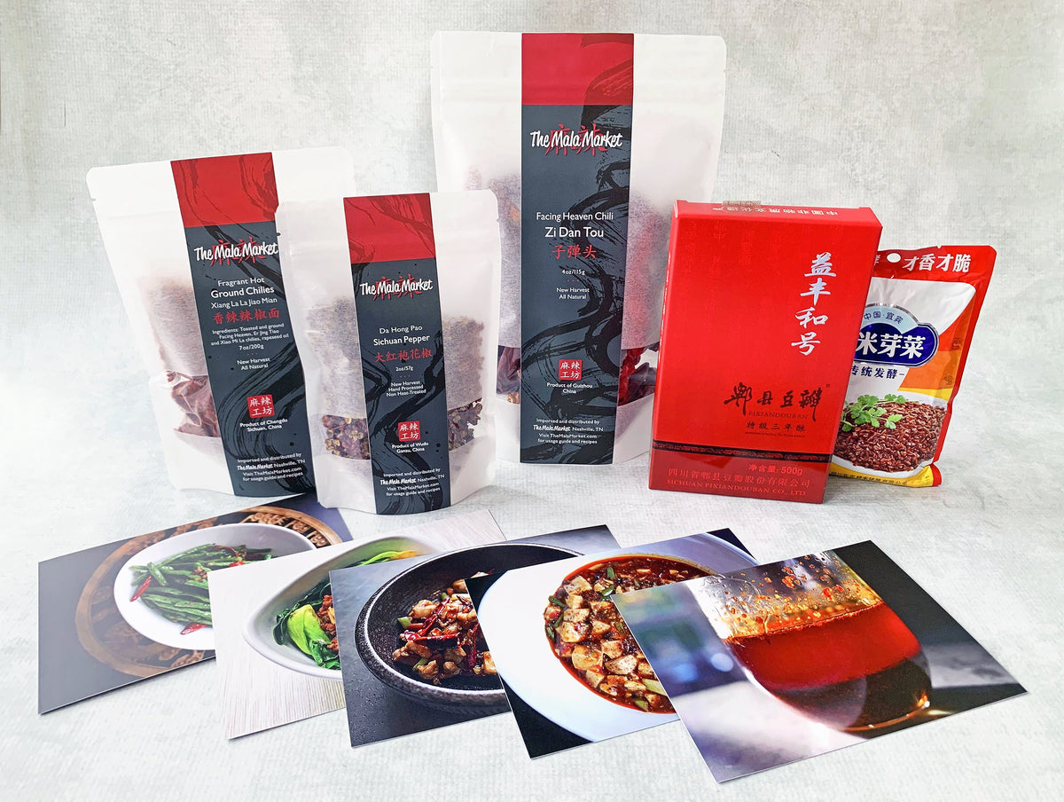 a collection of five sauces and spices for making Sichuan food and five recipe cards