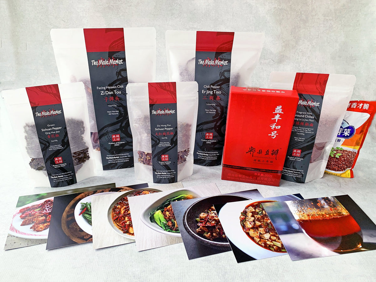a collection of seven sauces and spices for making Sichuan food and seven recipe cards