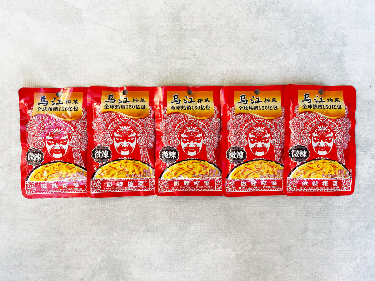  a set of five small foil packages of mustard tuber pickles that are red with a Sichuan opera mask on the front